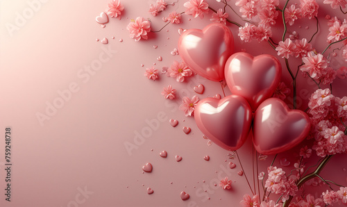 Romantic background with foil heart balloons, elegant pink flowers, glittering confetti on a soft background. Love banner concept for mother's day poster, woman's day background, valentines day card