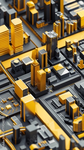 Abstract yellow and black microchip cityscape. Digital art style with 3D rendering. Futuristic and technology concept. Design for poster, wallpaper,