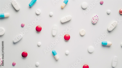 A white background is covered with pills scattered around. The pills are related to a pharmacy or medical production theme