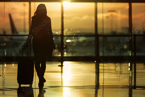 silhouette of a woman passenger with luggage suitcase at the international airport terminal