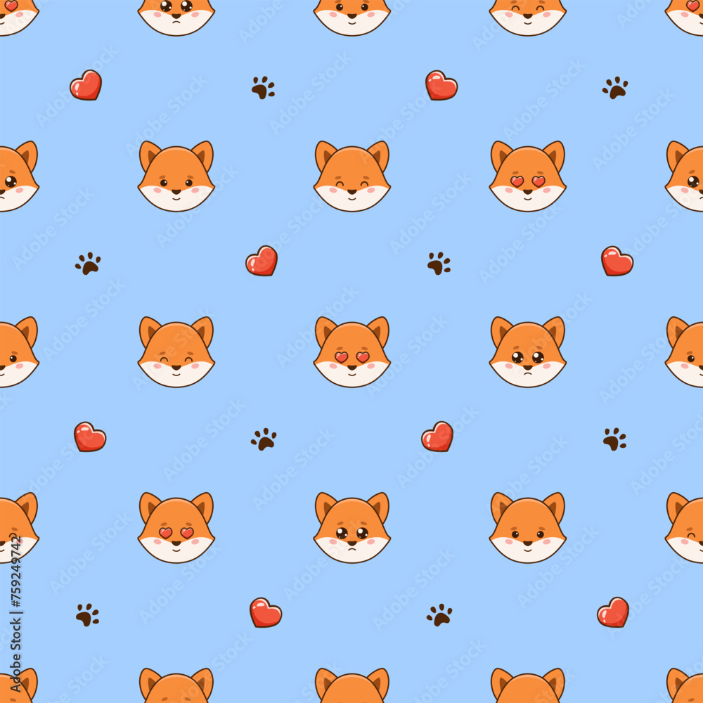 Obraz premium Vector seamless pattern with cute foxes, hearts love and footprints on blue background