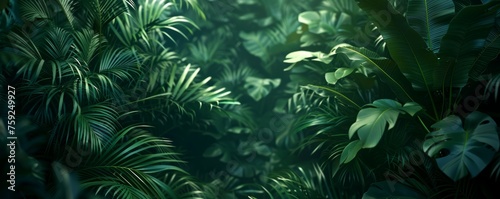 Verdant jungle leaves with sunlight filtering through. Dense tropical foliage background for botanical and nature concepts