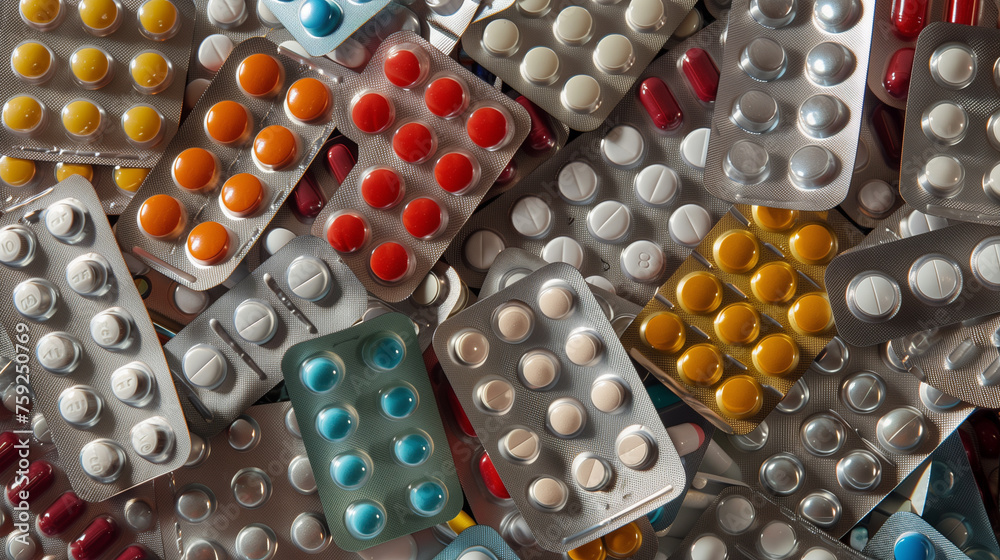 A close-up view of a variety of different colored pills and capsules scattered in a pile. A close-up view of a variety of different colored pills and capsules scattered in a pile.