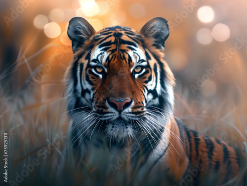 tiger in habitat  front view with bokeh background