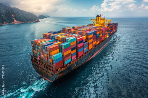 Container ship sailing in clear blue ocean under sunny skies, fully loaded with cargo