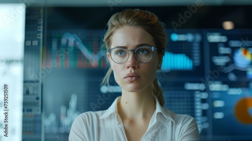Serious female professional analyzing data on computer monitors. Studio shot with technology and business analytics concept.