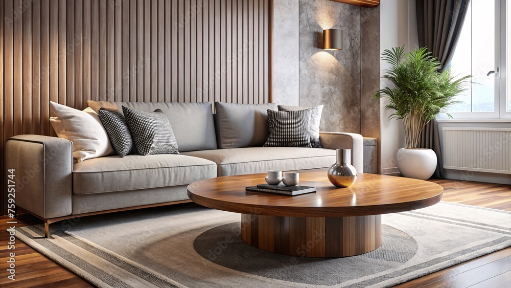 Fototapeta premium Elegant Modernity, Light Gray Sectional, Circular Wooden Coffee Table, Abstract Wall Display, generative ai