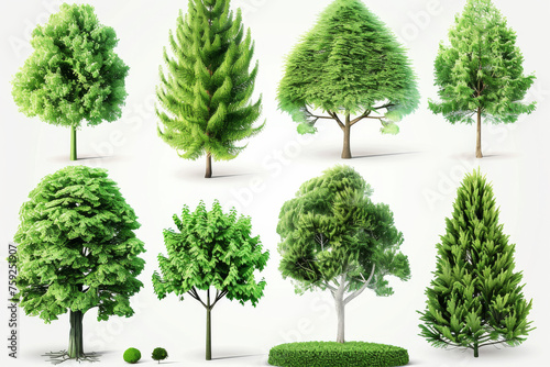Set of Trees isolated on a white background. 3D tree for landscape design Garden and park green tree. 