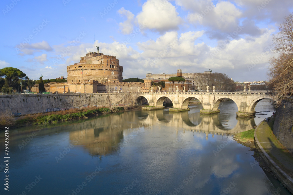 Castle of Sant'Angelo and the bridge over the Tiber River in Rome, Italy
