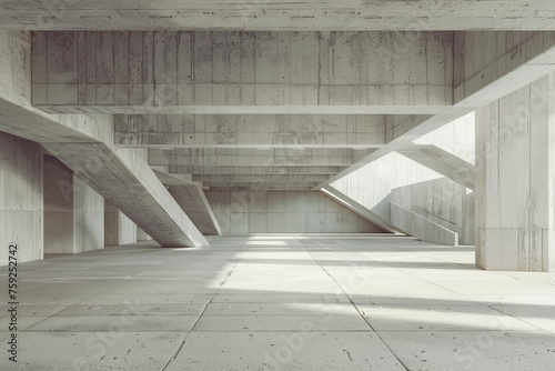3d render of futuristic concrete architecture with car park empty cement floor. 