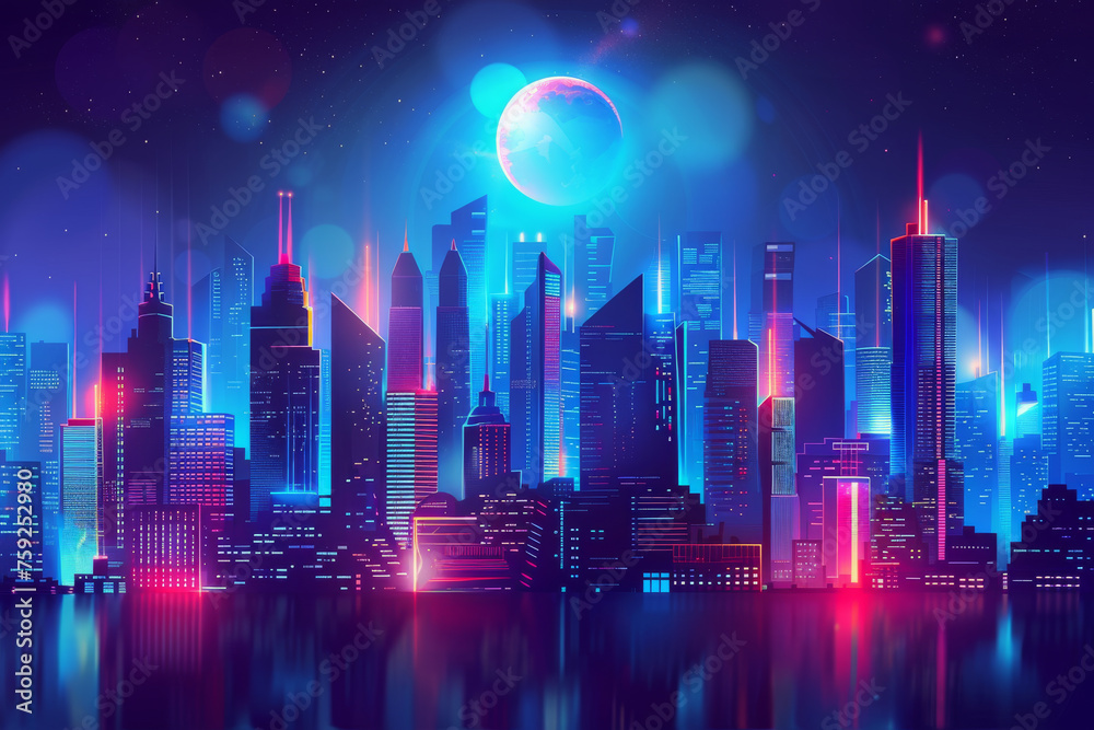 Futuristic night city. Cityscape on a dark background with bright and glowing neon lights. panorama with modern buildings and skyscrapers. 