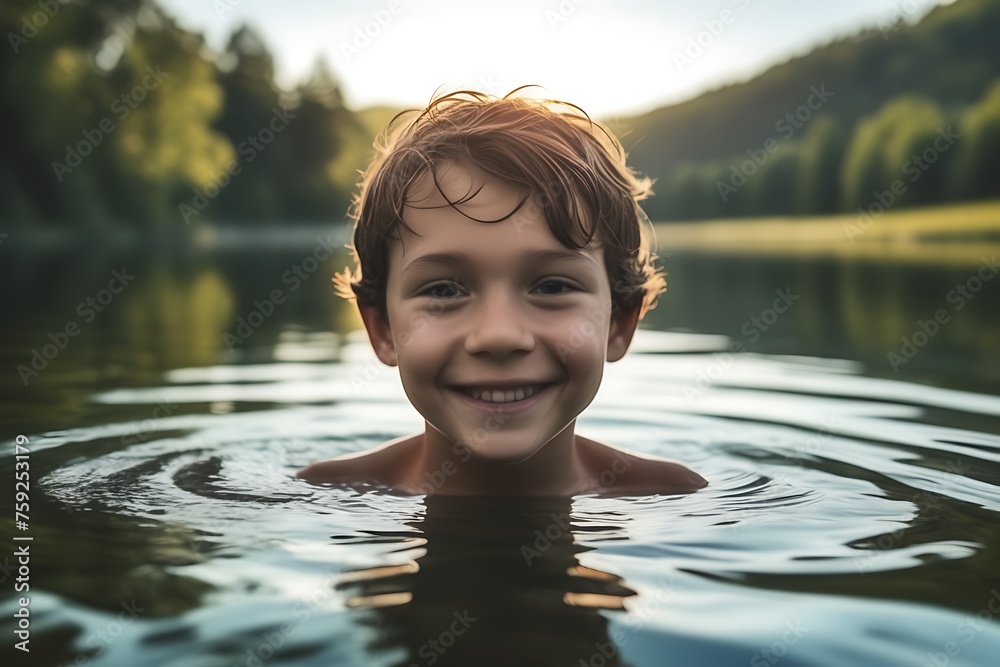 Fototapeta premium Selfie image of a happy young boy swim in the lake in middle of beautiful natural landscape