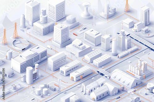 Modern isometric or 3d location map with paper white living and industrial buildings.
