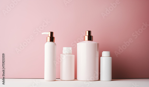 a collection of skincare and cosmetic bottles showcased against a pink background, illustrating the beauty concept.