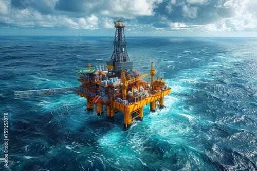 Offshore oil drilling rig in open ocean, marine fuel industry. photo
