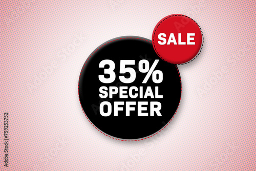 35 percent special offer tag. Advertising for sales, promo, discount, shop. Sticker, button, icon photo