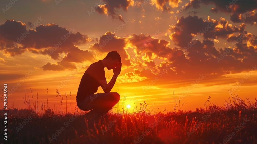 man praying in a sunrise, concept repentance and new life generative ai - obrazy, fototapety, plakaty 