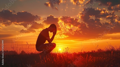 man praying in a sunrise, concept repentance and new life generative ai photo