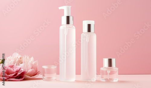 a collection of skincare and cosmetic bottles showcased against a pink background, illustrating the beauty concept.
