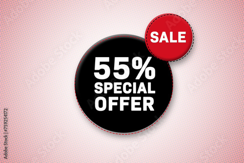 55 percent special offer tag. Advertising for sales, promo, discount, shop. Sticker, button, icon photo
