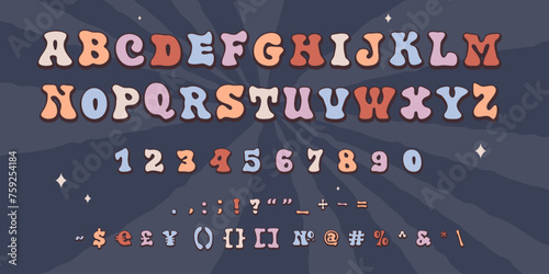 Groovy alphabet letters, numbers and characters. Retro decorative font. Vintage 60s, 70s typographic. English alphabet, Peach Fuzz contrasting color palette