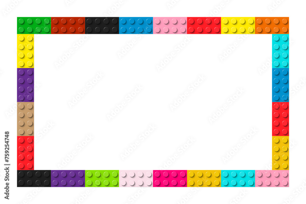 Fototapeta premium Color frame composed of coloured plastic toy blocks. Colorful brick banner. Abstract vector background