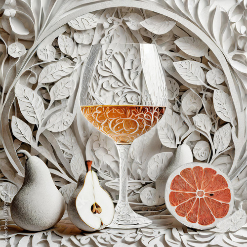 A highly stylized cut paper savignon blanc white wine glass - stemware containing wine with contextual elements surrounding the glass including pears and grapefruit