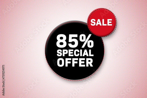 85 percent special offer tag. Advertising for sales, promo, discount, shop. Sticker, button, icon photo