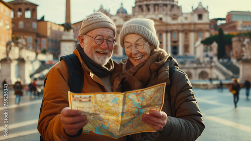 Happy elderly couple in love travelling around the world with map in hand, secured old age, adventure, tourism © Alina Zavhorodnii