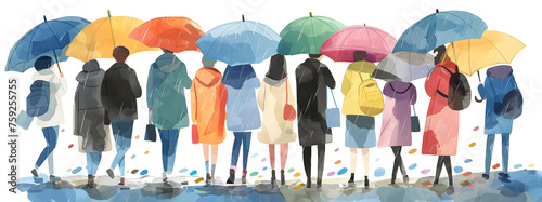 banner,rainy cityscape with pedestrians carrying colorful umbrellas,back view,flat watercolor illustration,
