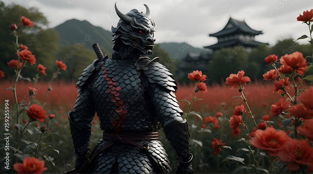 Samurai Warrior in a field, dark colors and red roses. Dragon Samurai ...