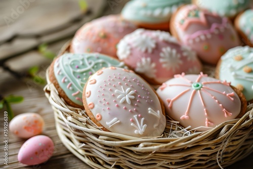 Easter Eggs Cookies with Royal Icing, Biscuit Color Eggs for Easter Design, Copy Space