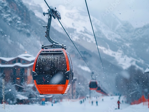 cable car is carrying people to board on top of it. The background features high mountains and small buildings covered in heavy white snow.