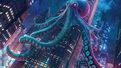 A giant squid with bioluminescent tentacles wraps around a futuristic skyscraper photo