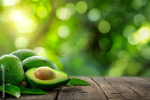 fresh healthy avocado fruit on a wooden table against the background of blurred nature, generative AI photo