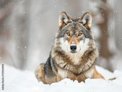 wolf in snow winter staring at camera