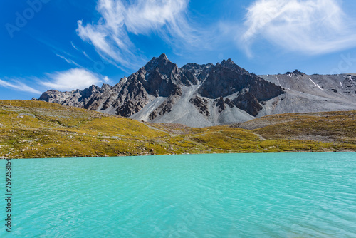 Beautiful scenery of snow-capped mountains and lakes along the Duku Highway in Xinjiang, China photo