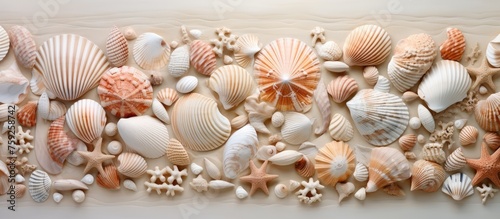 The table is adorned with a diverse collection of sea shells  showcasing the beauty of natural materials and invertebrate art in macro photography