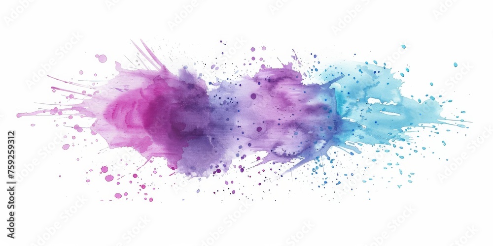 Dramatic collision of blue and pink watercolor splashes on a pristine white backdrop, portraying a dance of colors.