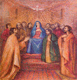 MILAN, ITALY - MARCH 8, 2024: The mosaic of Pentecost in the church Chiesa di Santi Quattro Evangelisti by Italo Persson and Silvio Consadori from 20. cent.