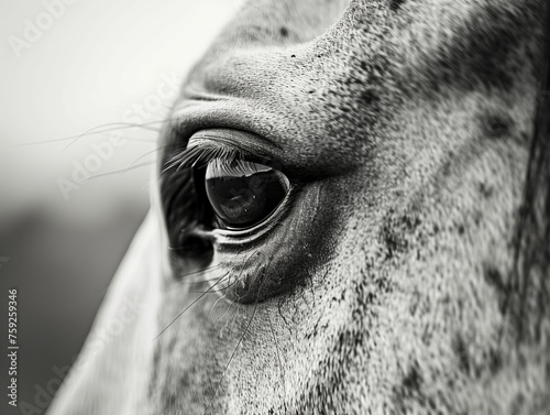 Monochrome closeup of a Horse Eye - horizontal view photo