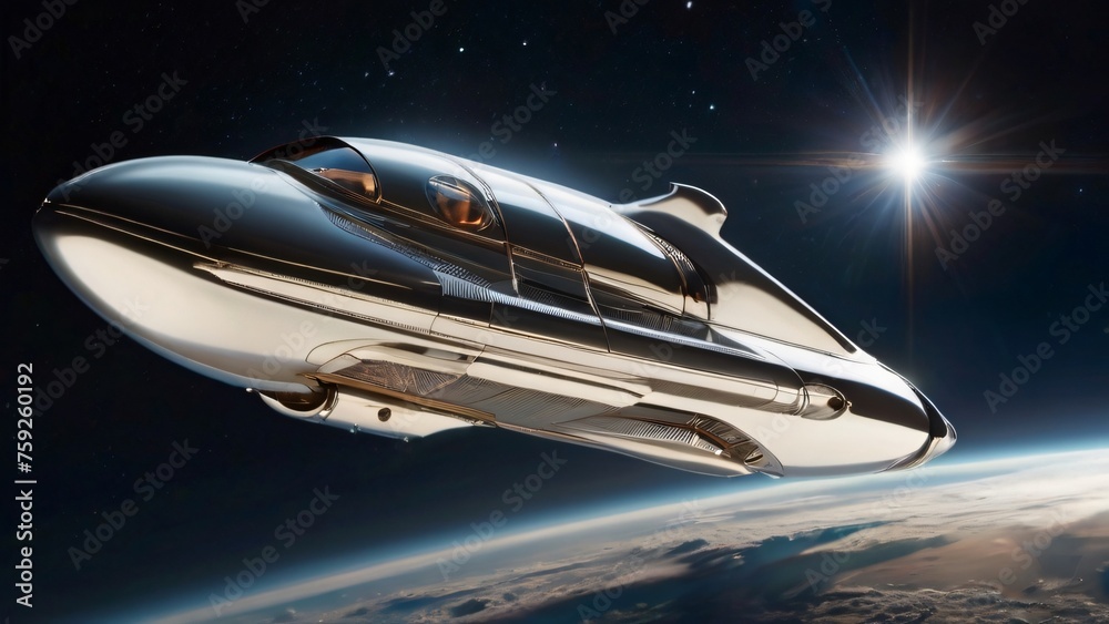 In a timeless photograph, an elegant astral aircraft shines in the soft light of distant stars In a timeless photograph, an elegant astral aircraft shines in the soft light of distant stars