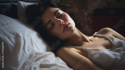 Girl sleep in bed. Sleeping caucasian woman in comfortable bedroom. Pillow and linen, person lying in room. Adult female resting, night portrait of people. AI generated