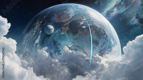 A shimmering silver artificial planet, its surface shining with metallic luster amid ethereal clouds