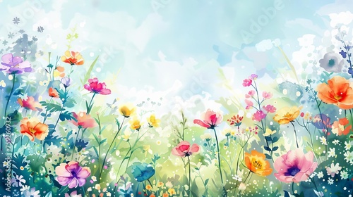 Enchanting watercolor illustration of a vibrant spring flower meadow, bursting with color and beauty