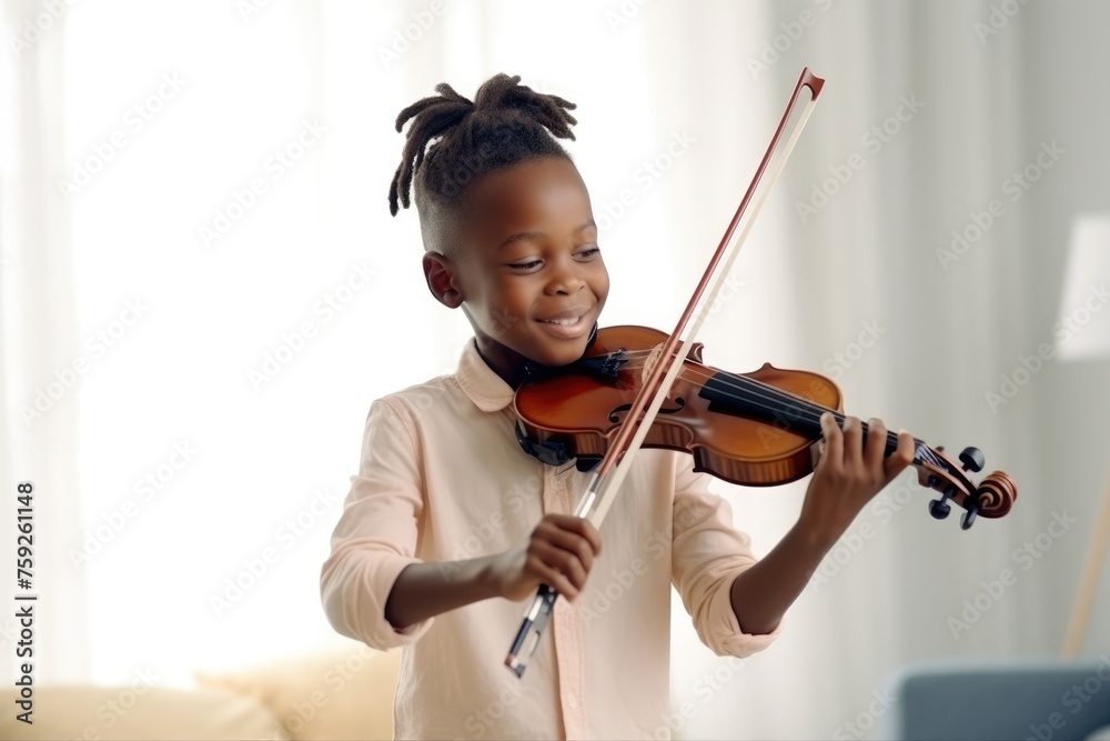 A young African boy with a joyful expression plays the violin in a well-lit, comfortable room. Happy Child Practicing Violin in Bright Room A young African boy with a joyful expression plays the violin in a well-lit, comfortable room. Happy Child Practicing Violin in Bright Room