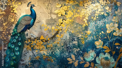 Fototapeta Naklejka Na Ścianę i Meble -  Exquisite vintage-inspired artistic background with abstract illustrations, floral elements, peacocks, and gold accents, a textured 3D painting perfect for diverse designs
