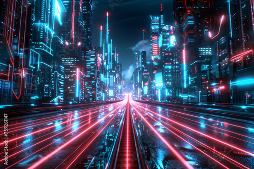 3d rendering cityscape with red and light blue light trail on road. 