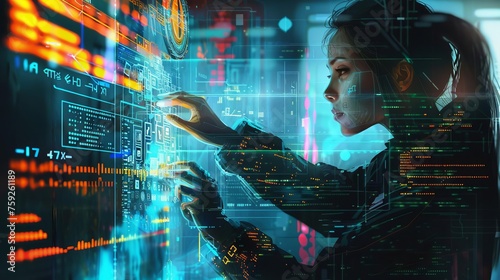 Female Programmer Analyzing Holographic Data and HTML Code in Futuristic Digital Painting Illustration