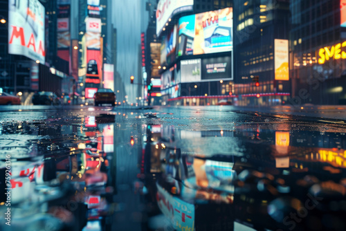 3D Rendering of billboards and advertisement signs at modern buildings in capital city with light reflection from puddles on street. 